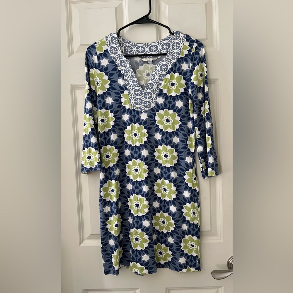 Boden Floral Dress Blue Green 3/4 Sleeves Kaleidoscope Tunic Dress Cover Up 8
